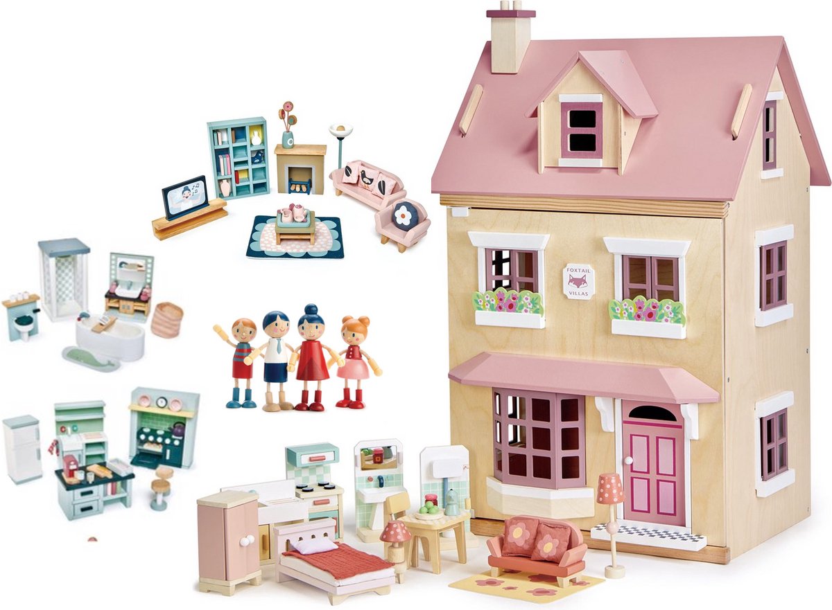 [E] Tender Leaf uniek houten poppenhuis Villa Foxtail XXL 3 verdiepingen inclusief houten poppen familie woonkamer keuken slaapkamer en badkamer meubels- 40 x 72 x 90 cm cm